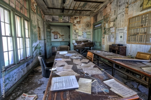 A decaying mining office, its paperwork strewn across dusty desks, a relic of a bygone era of industry and enterprise, Generative AI