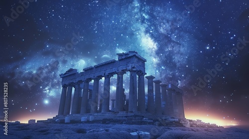 Ancient Parthenon stands majestic under a starlit sky, timeless beauty against the cosmos, serene and awe-inspiring, AI Generative