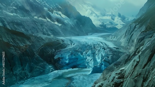 Icy blue glacier carving through a rugged mountain landscape, awe-inspiring and pristine.
