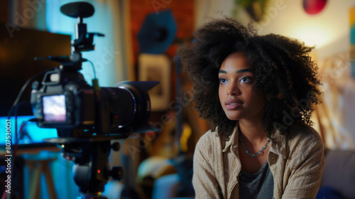 African American woman concentrating on filming with a professional camera setup in a cozy indoor setting