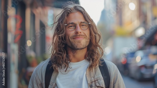 A long-haired man wearing casual clothes and glasses pauses from looking at his mobile device and smiles at the camera.