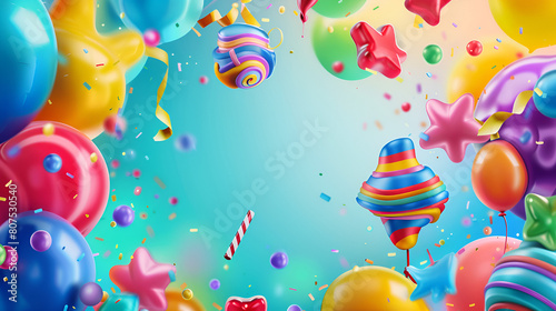 fondo colorido con elementos de diseño ornamentos infantiles como piñatas dulces caramelos y listones colores fuertes brillantes y vibrantes fondo para invitación digital infantil para niños
