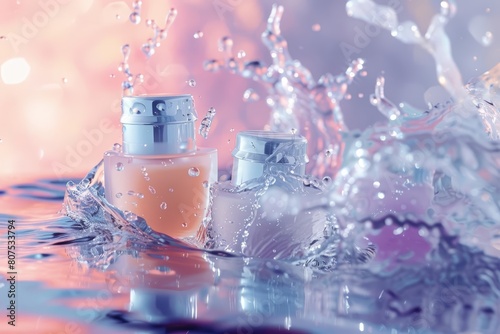 BB creams captured in water splash for a cosmetic ad on a bokeh background