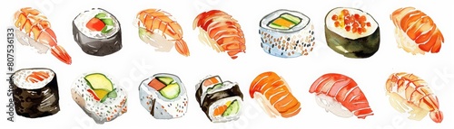 Creative watercolor food, a delicious array of sushi in minimal styles, clipart watercolor easy detail on white background