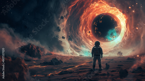 Astronaut stands before a massive astral portal on an alien planet