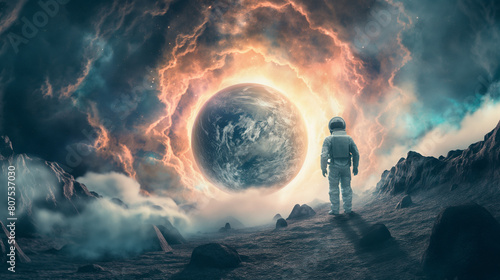 Astronaut stands before a massive astral portal on an alien planet