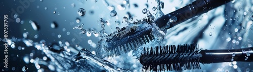 Mascara wands and brow gels merge in a flying cosmetic explosion with water splash