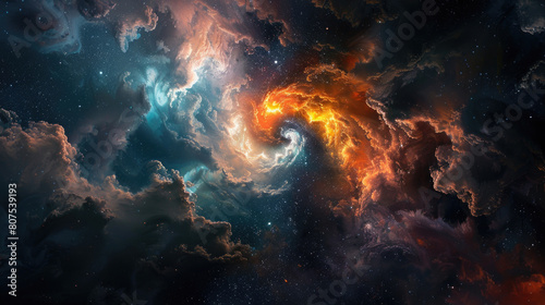 Abstract background of swirling nebulae and stars with two vibrant cosmic clouds colliding in a spectacular display of light and color
