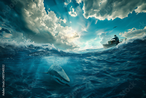 Half under water of the ocean with fisherman in boat above and shark under the ocean. World Ocean Day Illustration. 