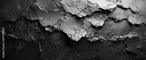  Black and white grunge texture background with a cracked black wall, paint peeling off and cracks. Created with Ai
