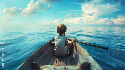 A boy drive boat in ocean. closeup view of boy with boat in ocean.