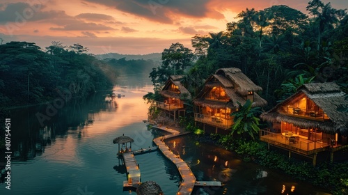An eco-resort in the Amazon Rainforest, where luxury cabins blend seamlessly with the lush surroundings, promoting conservation