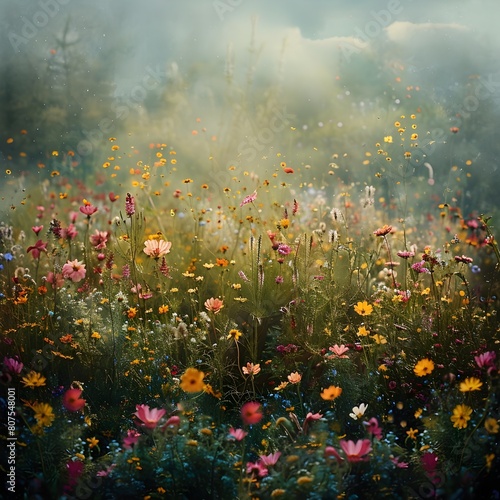 Lush Meadow Blanketed with Vibrant Wildflowers in Bloom Delicate Petals Swaying Gently in the Breeze Cinematic Impressionist Inspired Landscape