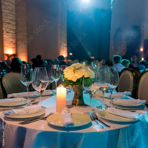 the scene of a romantic wedding reception at a fancy restaurant
