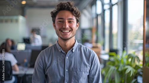 Young professional smiling confidently in an office environment