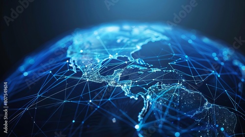 Blue network mesh covering the globe, indicating global connectivity and internet infrastructure