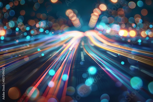 Blurred motion of lights illustrating speed and data transfer in a digital context