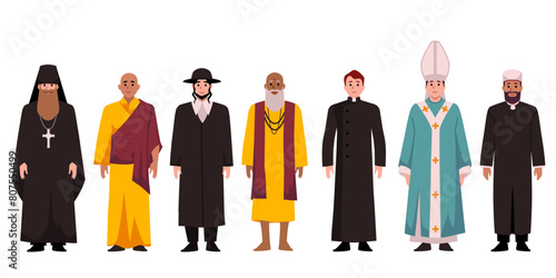 Catholic Pope, Buddhist and Hinduism monks, Christian Orthodox, rabbi Judaist, Muslim mullah religion priests vector set