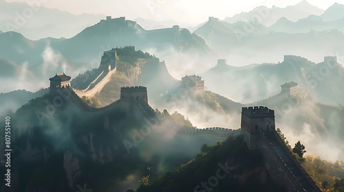 Great Wall of China, snaking through misty mountains, early morning light, majestic and awe-inspiring. Generative AI illustration 