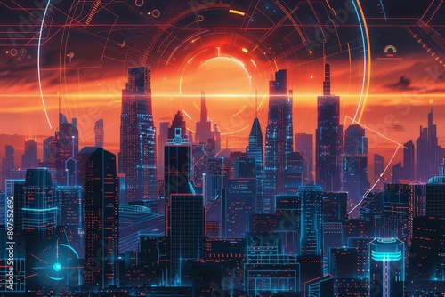 Elegant depiction of urban skyline with futuristic graphical overlays