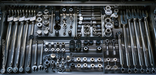 An assortment of specialized sockets and ratchets arranged methodically on a sleek metal tray, ready for aircraft engine repairs.