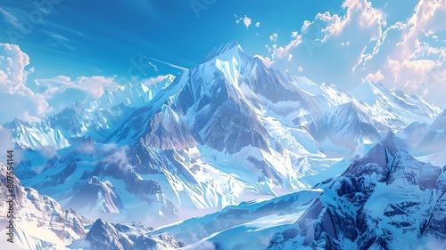  A panoramic view of a snow-covered mountain range stretching to the horizon, with icy glaciers glistening in the sunlight. . 