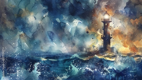 lighthouse luminary in the ocean painting - lighthouse in the ocean by person >