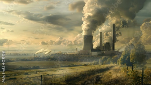  massive, coal-fired power plant towering over a rural landscape, with billowing smoke rising from its smokestacks. 