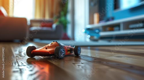 remote-controlled toy car speeding across a living room floor, its sleek design and powerful engine ready for thrilling races. 