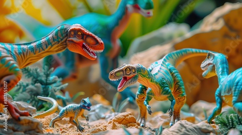  plastic dinosaurs emerging from a prehistoric sandbox, their vibrant colors and detailed textures bringing the Jurassic era to life. 