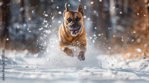 A strong and energetic dog charges directly towards the camera through a snowy forest, sending snow flying around.