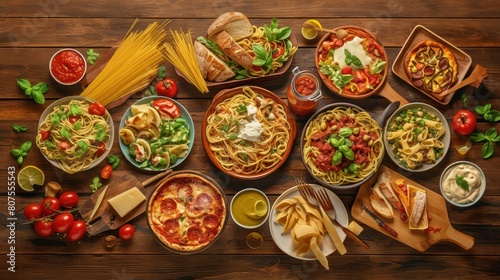 rustic wooden table adorned with a variety of Italian pasta dishes, including spaghetti with marinara sauce, 