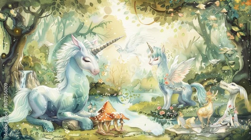 magical menagerie featuring a white horse, blue and white horses, and a white bird amidst a lush green forest, with a white wall in the background