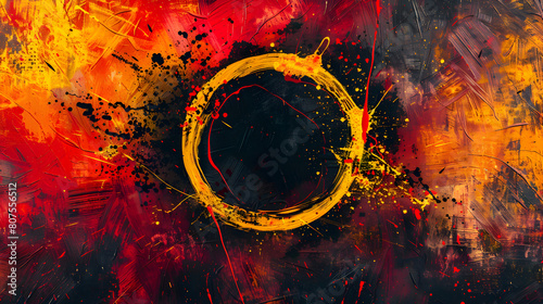A painting of a circle with a black center and red and yellow splatters around it. The painting has a chaotic and abstract feel to it, with the splatters of paint creating a sense of movement