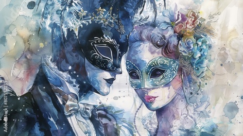 moonlit masquerade mask with blue face and black eye, accompanied by a white and blue woman