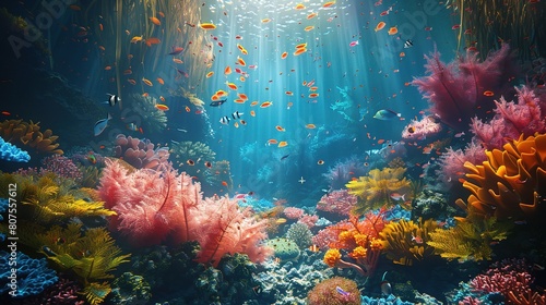 underwater world teeming with an array of colorful fish darting among swaying seaweed 