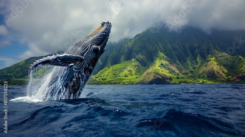A humpback whale is jumping out of the ocean