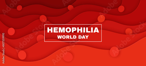 Hemophilia day banner with red blood drops in paper cut, vector background. Hemophilia world day poster for donor blood donation or healthcare charity campaign with blood cells in paper cut background