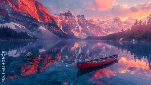 A canoe sits calmly in a lake,