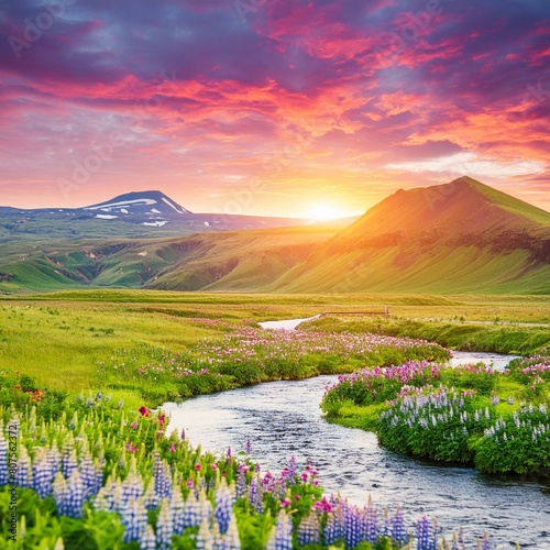 Wonderful nature landscape with small river in the icelandic highlands; colorful sunset on popular place
