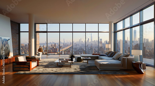 penthouse living room with large windows overlooking new york city, warm tones, modern furniture, large rug, wooden floors, evening light, city skyline view
