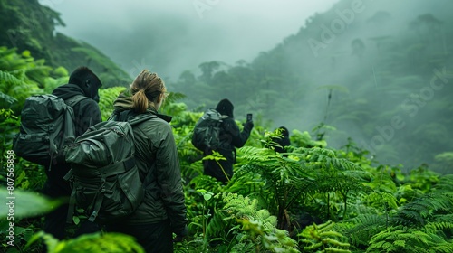  people wearing black raincoats and carrying backpacks are walking through a dense jungle.