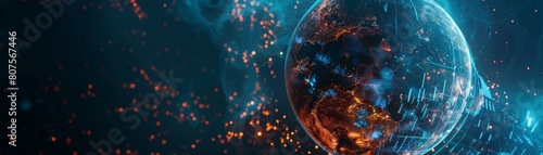 A digital globe wrapped in a glowing firewall, symbolizing global protection against cyber threats
