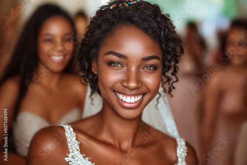 A joyful African American bride smiling at her wedding reception