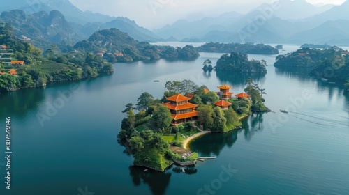 Aerial view of an island with architecture on the lake, surrounded by green mountains and trees. Created with Ai