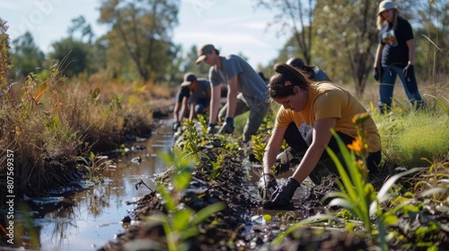 Community Engagement, Community members planting native vegetation around a rehabilitated wetland area.