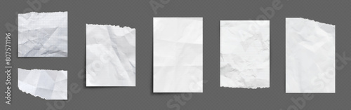 Paper pieces with wrinkles and torn edges. Realistic vector illustration set of empty white, lined and checkered pages with crumpled effect. Design mockup of blank sheet with crease and rough border.