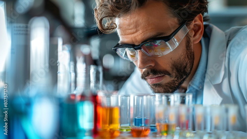 A salesperson in a lab coat, looking at a row of beakers or petri dishes, each labeled with a prospect's name.