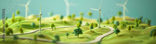 Thematic model of a miniature wind park, intricately detailed with small turbines dotting a green landscape, educational piece