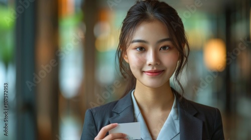 Asian woman in a tailored suit, offering a business card towards the camera with a confident smile.